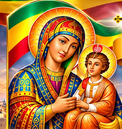 Ethiopian Orthodox-inspired depiction of the Virgin Mary and Christ Child with gold ornamentation
